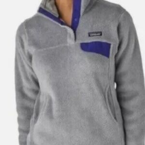 Patagonia Women’s Re-Tool Snap Fleece Pullover, Grey with Blue Trim, S